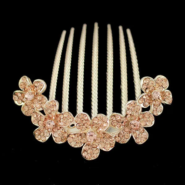 Gold Finish 5 Flowers Rhinestone Floral French Twist Comb