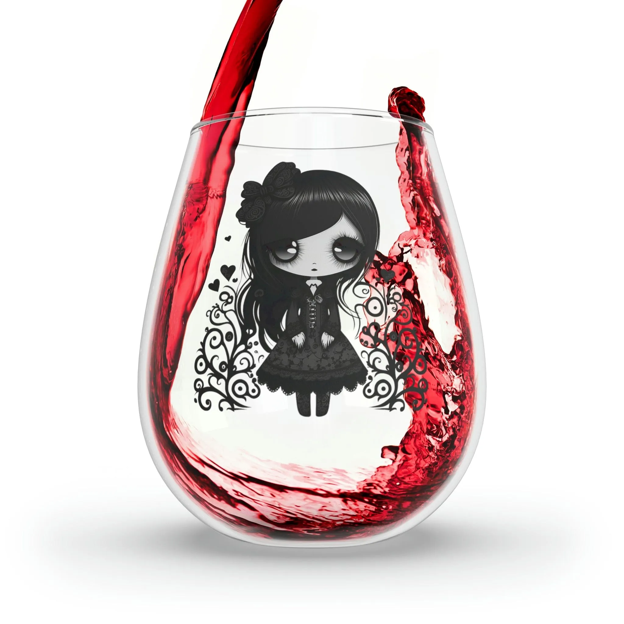 Goth Girls Hearts Stemless Wine Glass, 11.75oz