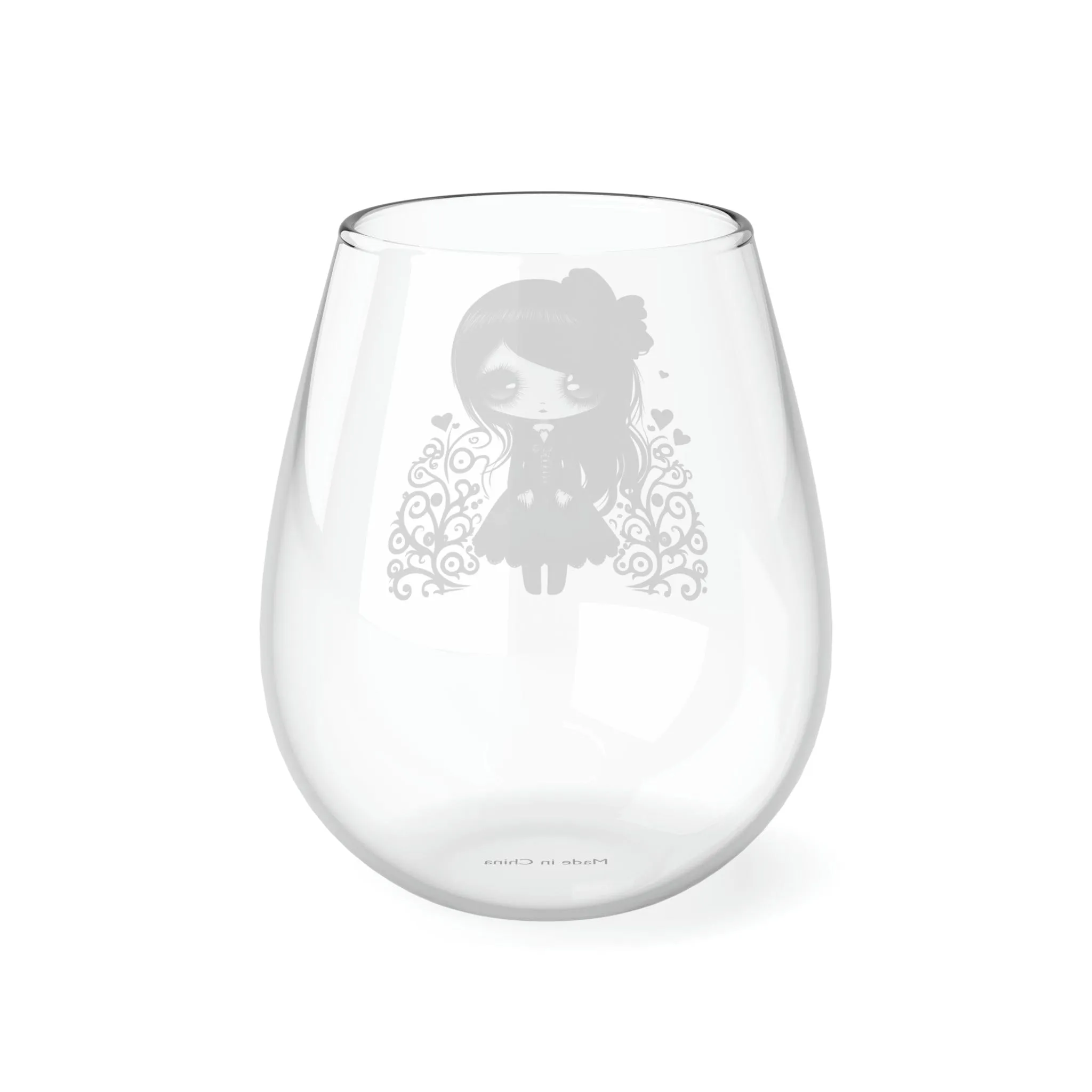 Goth Girls Hearts Stemless Wine Glass, 11.75oz