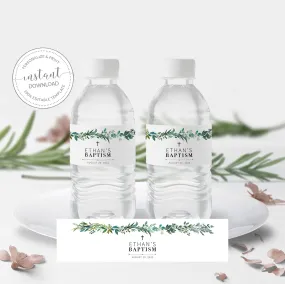 Greenery Boy Baptism Water Bottle Label Template, Printable Bottle Wrapper, Editable INSTANT DOWNLOAD - G100