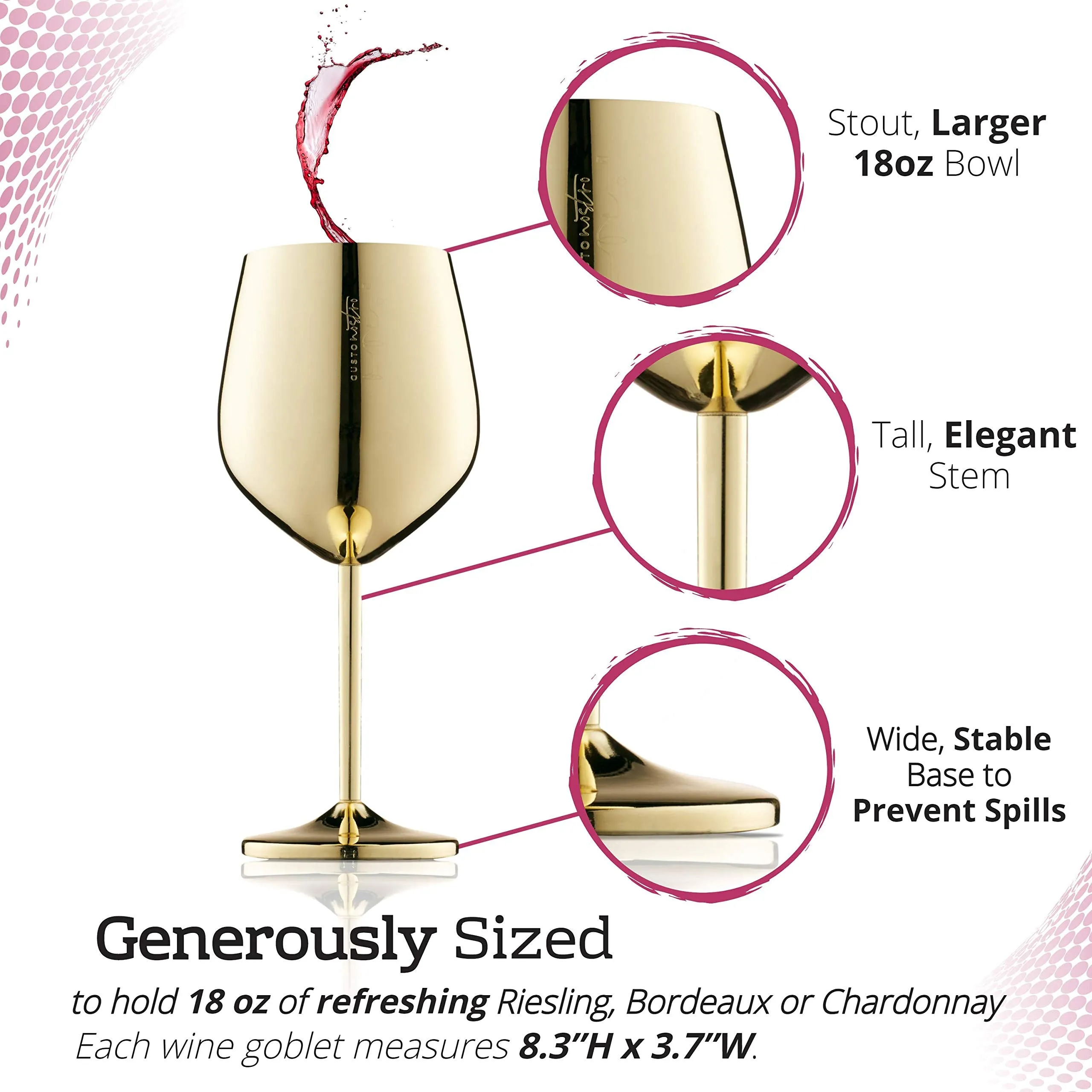 Gusto Nostro Gold Unbreakable Stainless Steel Wine Glasses Set of 4