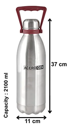 Heart Home Leak/Odour Free Insulated Double Wall Stainless Steel Water Bottle/Flask with Carrying Handle & Pouch, 2100ml (Silver)-HS42KUBMART25158