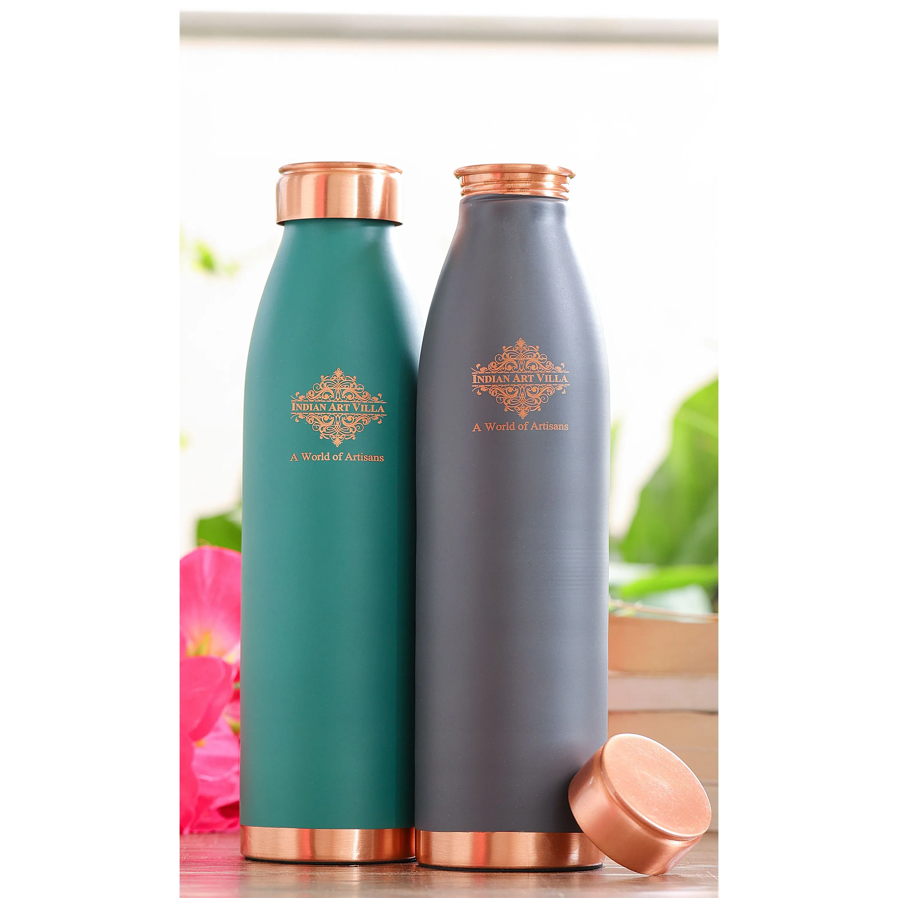 Indian Art Villa Pure Copper Lacquer Coated Green & Gray Silk Finish Water Bottle, Drinkware & Storage Purpose, Ayurvedic Health Benefits, Volume-900 ML, Pack Of - 2