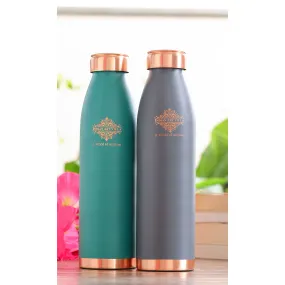 Indian Art Villa Pure Copper Lacquer Coated Green & Gray Silk Finish Water Bottle, Drinkware & Storage Purpose, Ayurvedic Health Benefits, Volume-900 ML, Pack Of - 2