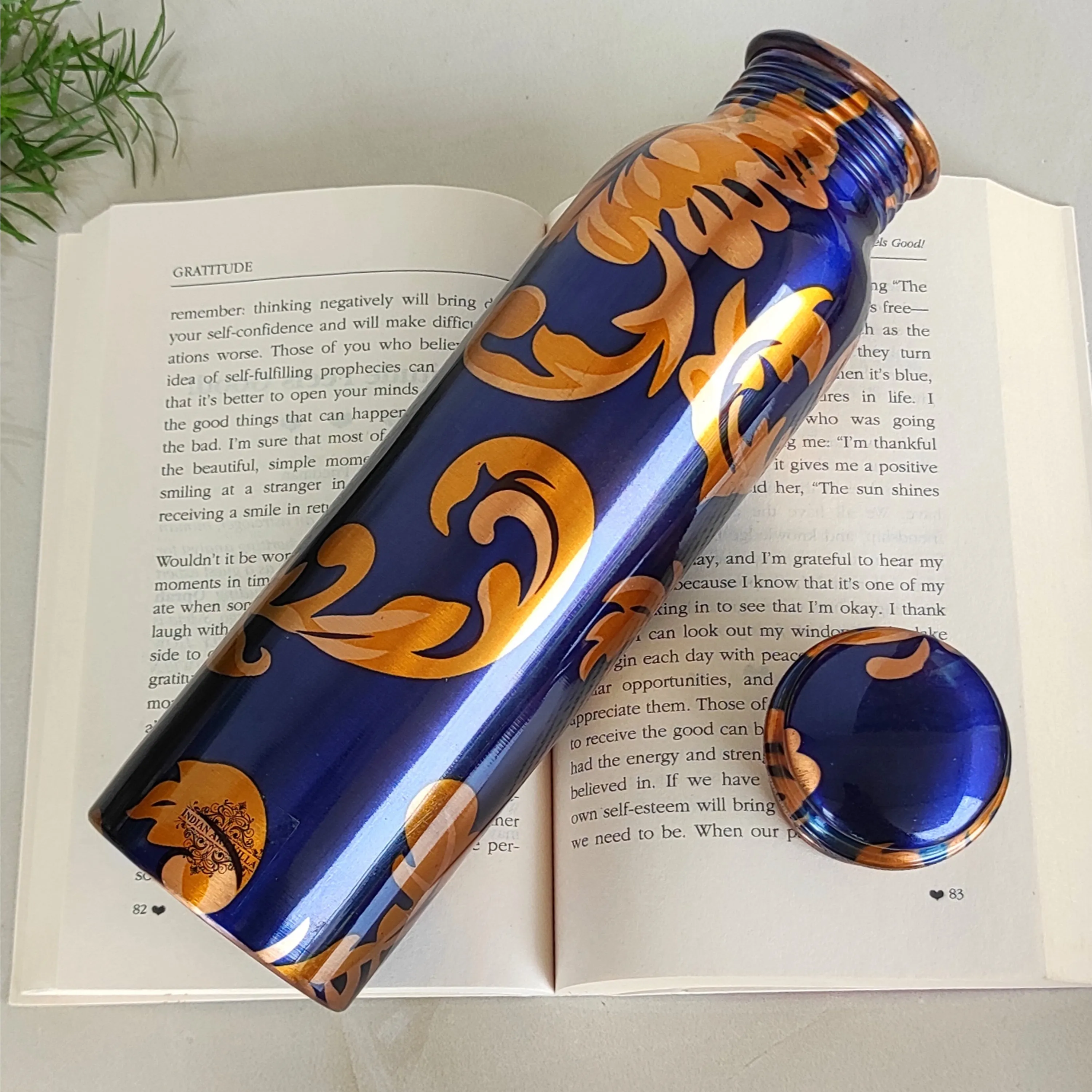 Indian Art Villa Pure Copper Royal Blue Floral Print Leak Proof Lacquer Coated Water Bottle , Health Benefits, Drinkware