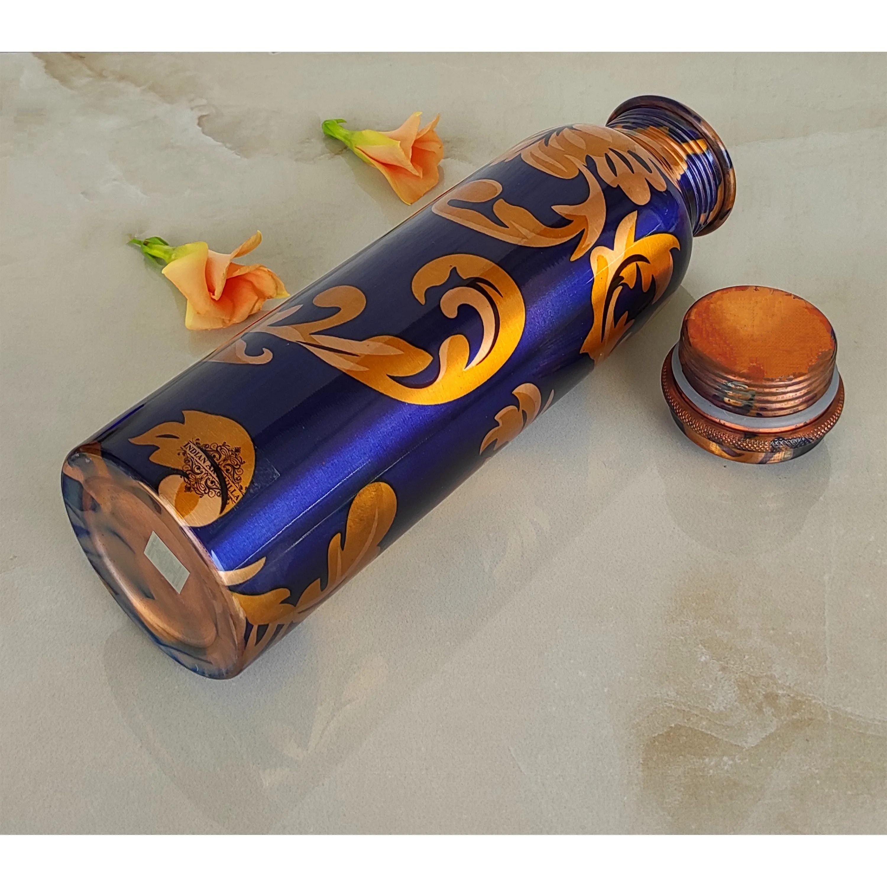 Indian Art Villa Pure Copper Royal Blue Floral Print Leak Proof Lacquer Coated Water Bottle , Health Benefits, Drinkware