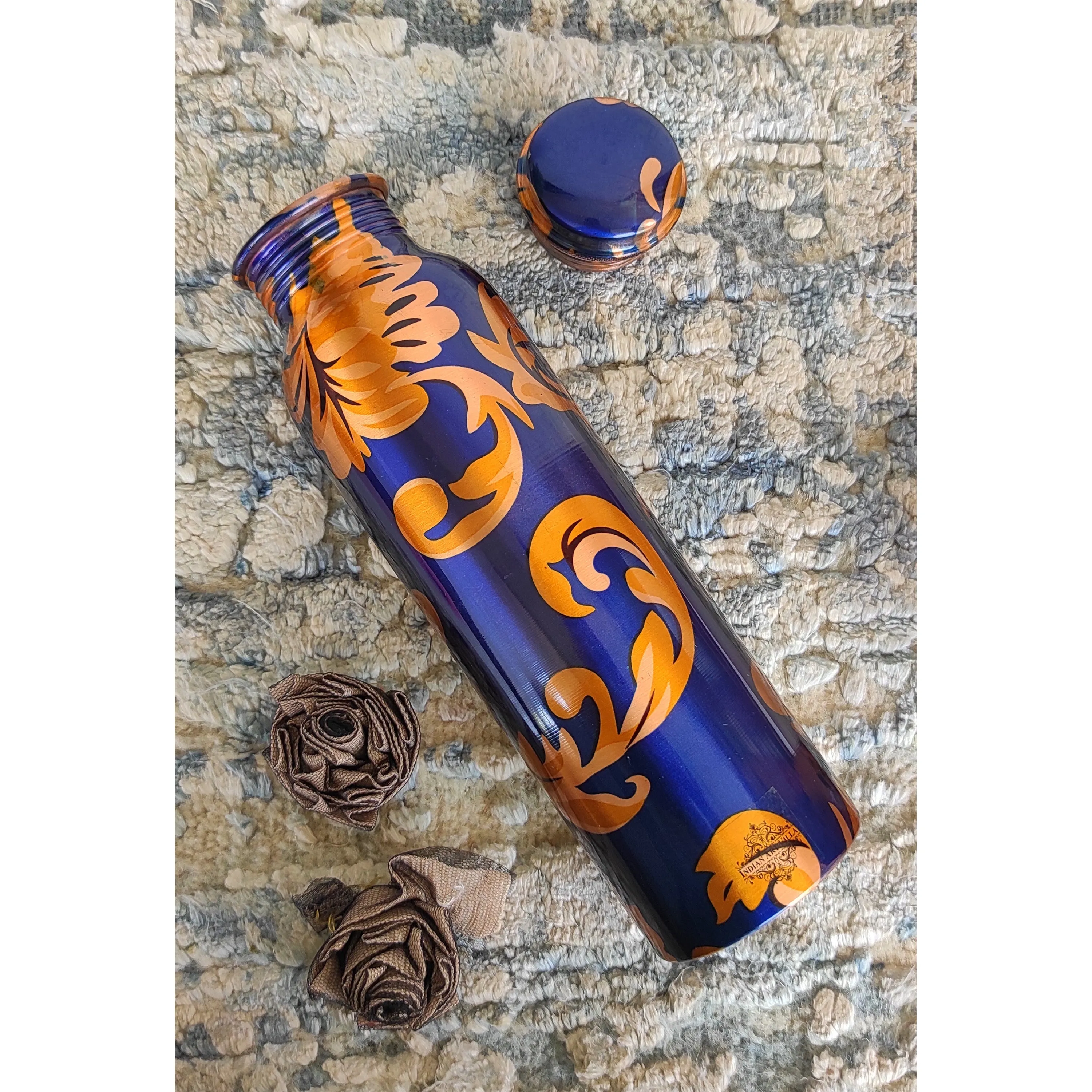 Indian Art Villa Pure Copper Royal Blue Floral Print Leak Proof Lacquer Coated Water Bottle , Health Benefits, Drinkware