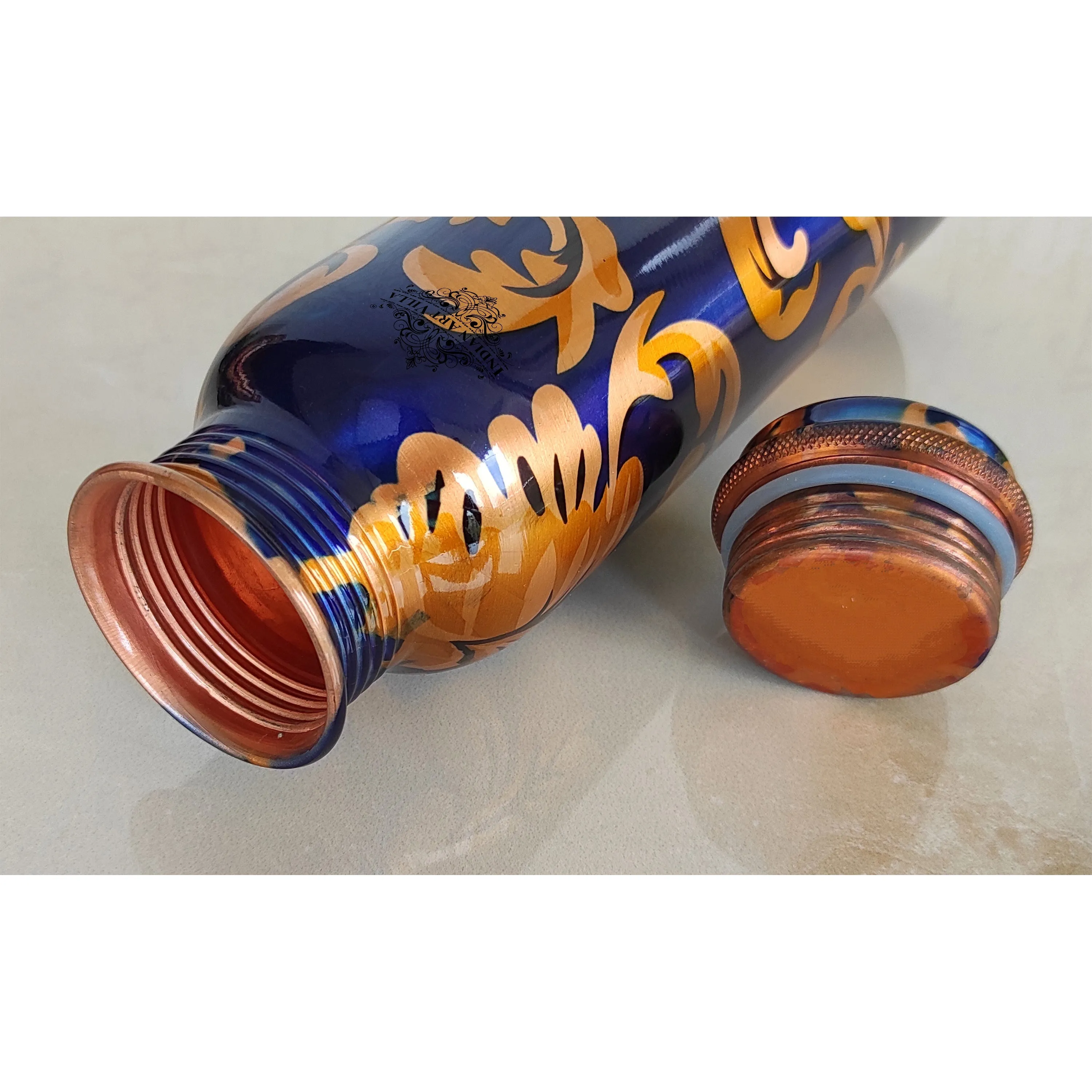 Indian Art Villa Pure Copper Royal Blue Floral Print Leak Proof Lacquer Coated Water Bottle , Health Benefits, Drinkware