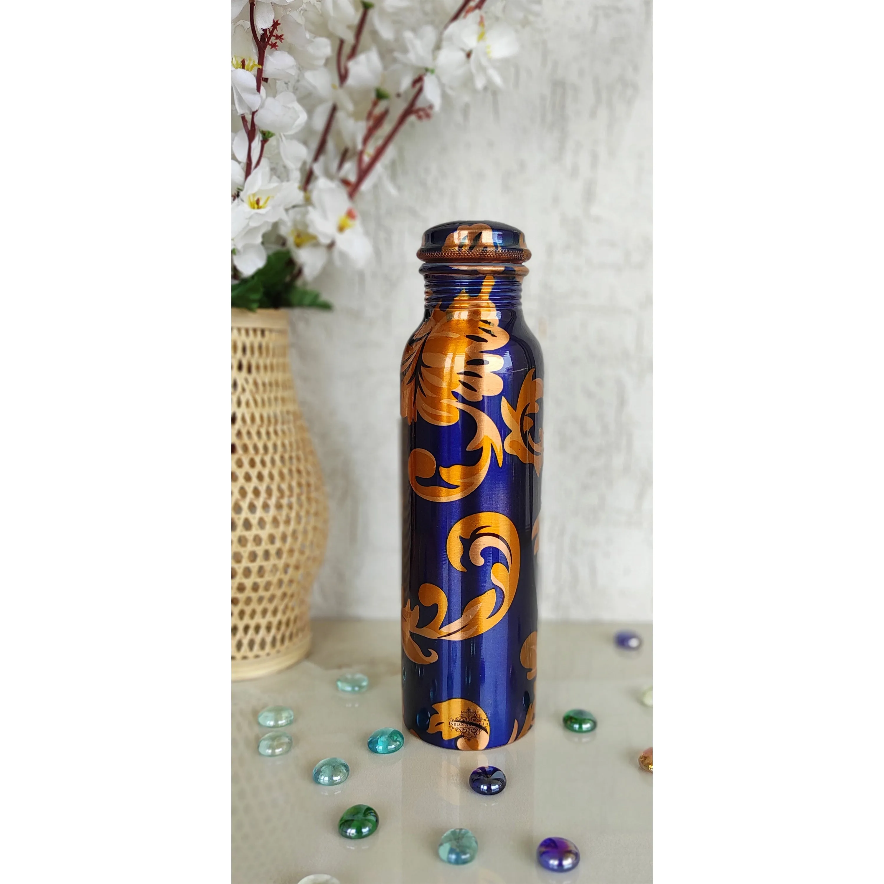 Indian Art Villa Pure Copper Royal Blue Floral Print Leak Proof Lacquer Coated Water Bottle , Health Benefits, Drinkware