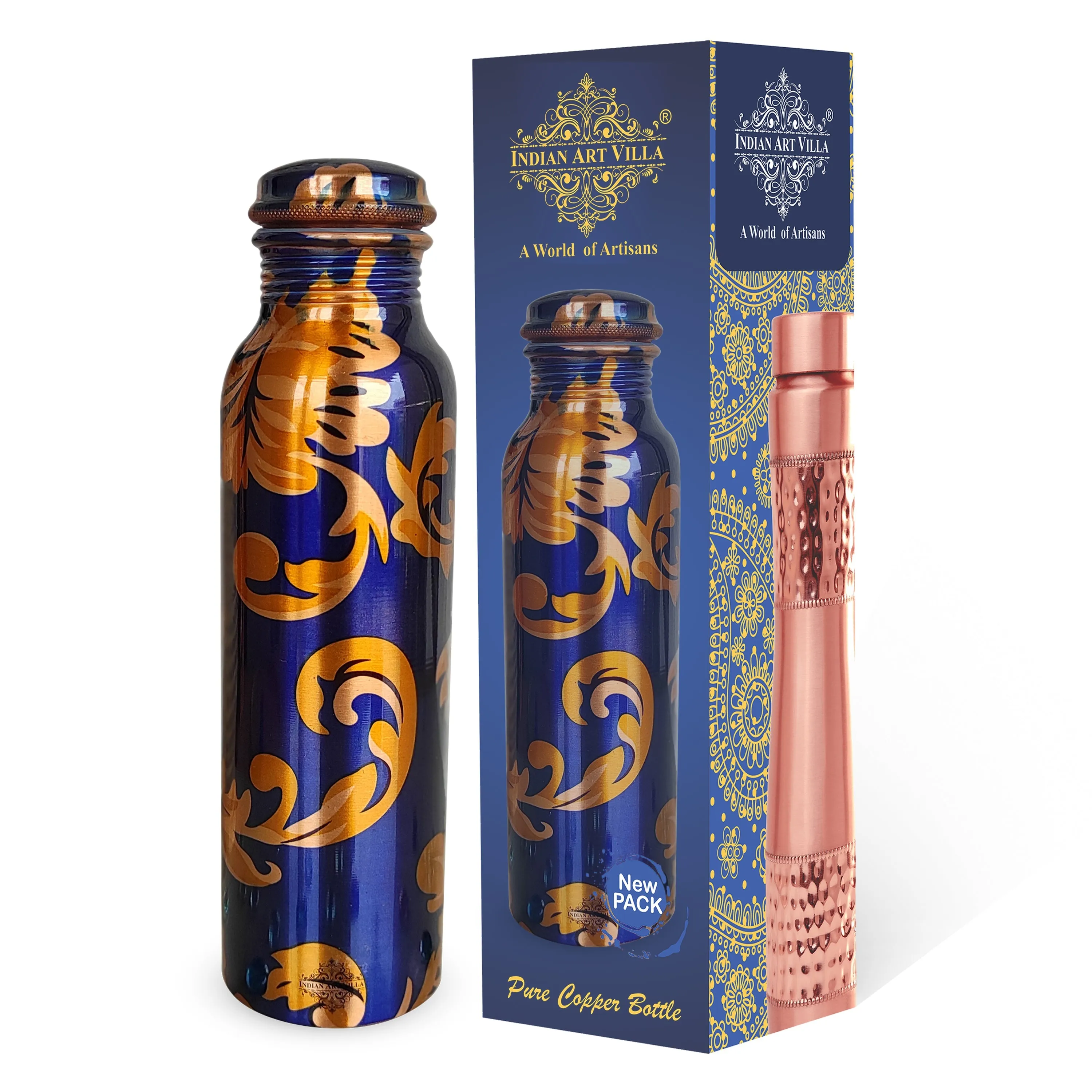 Indian Art Villa Pure Copper Royal Blue Floral Print Leak Proof Lacquer Coated Water Bottle , Health Benefits, Drinkware