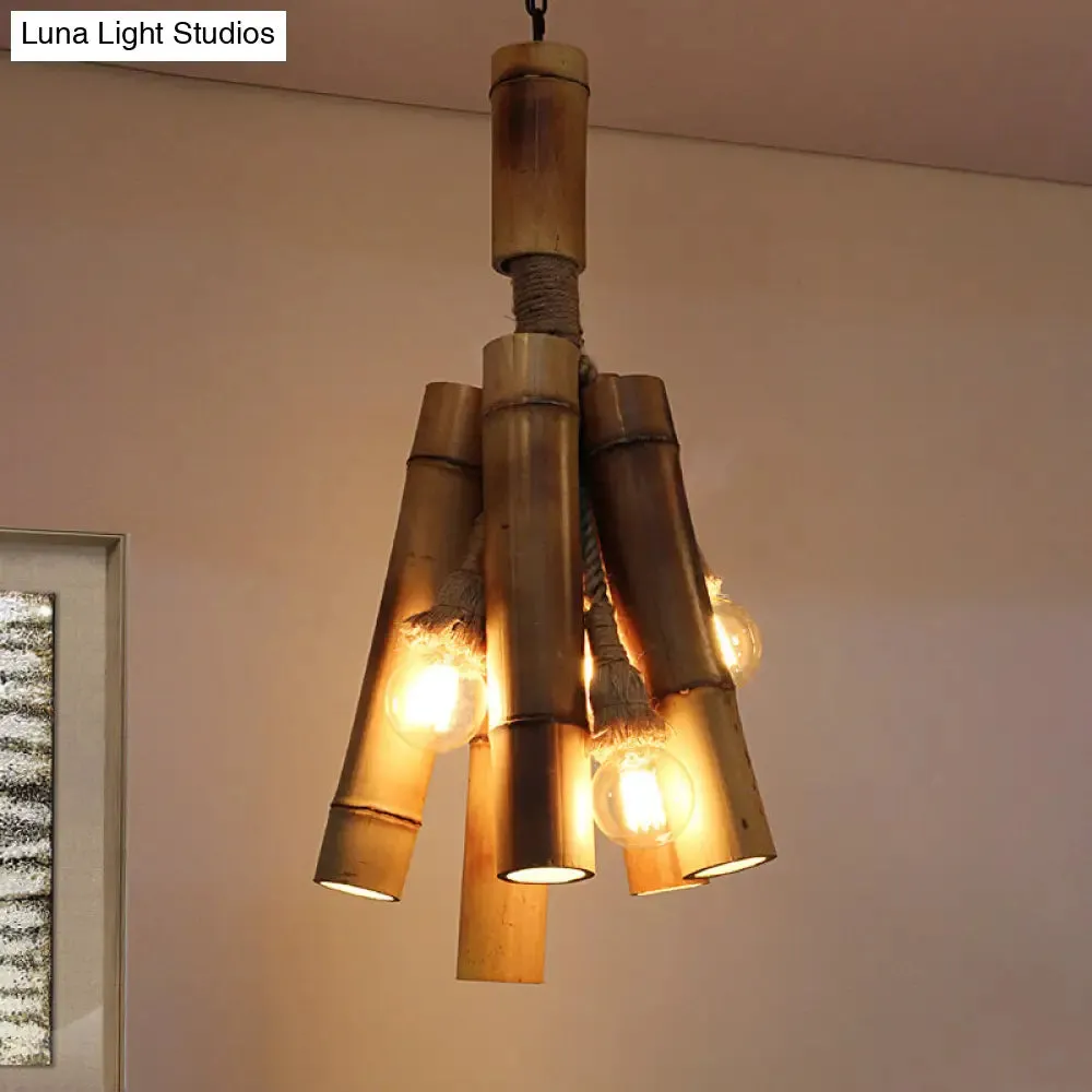 Industrial Beige Wood Tube Hanging Lamp: Charming Three-light Chandelier for Restaurants & Bedrooms