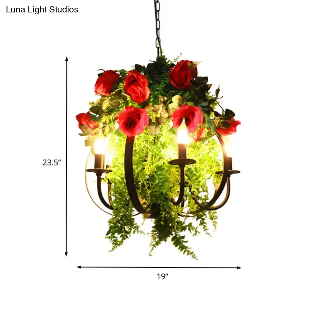 Industrial Black Metal Pendant Chandelier with 5 Bulbs – Rose LED Ceiling Fixture for Restaurants