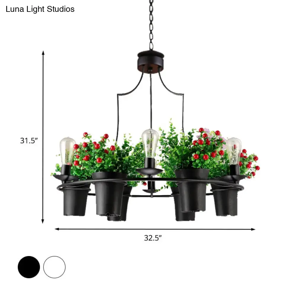 Industrial Black/White Metal LED Plant Pendant Light - 6 Lights, 1/2 Tiers. Perfect for Restaurants.