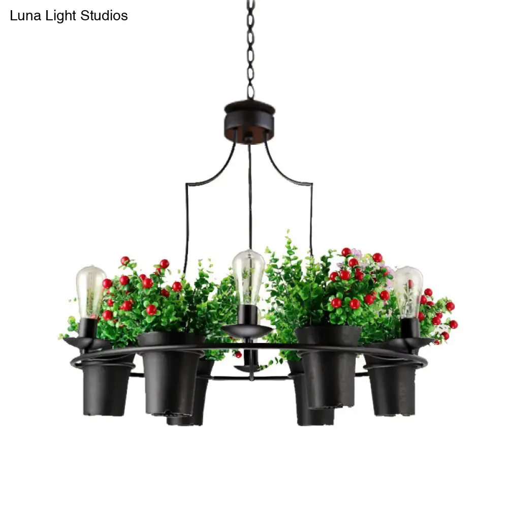 Industrial Black/White Metal LED Plant Pendant Light - 6 Lights, 1/2 Tiers. Perfect for Restaurants.