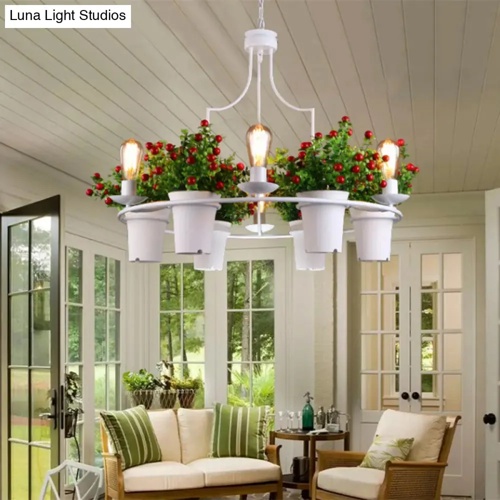 Industrial Black/White Metal LED Plant Pendant Light - 6 Lights, 1/2 Tiers. Perfect for Restaurants.