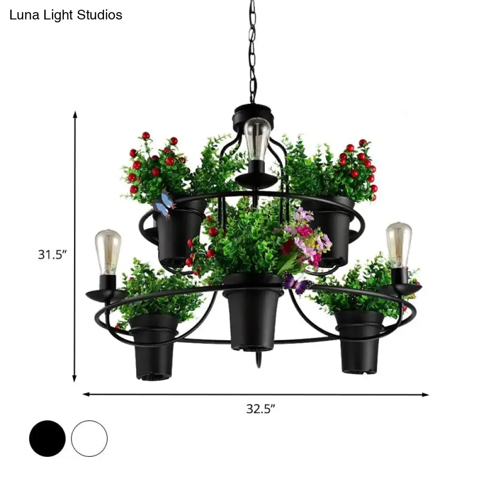 Industrial Black/White Metal LED Plant Pendant Light - 6 Lights, 1/2 Tiers. Perfect for Restaurants.