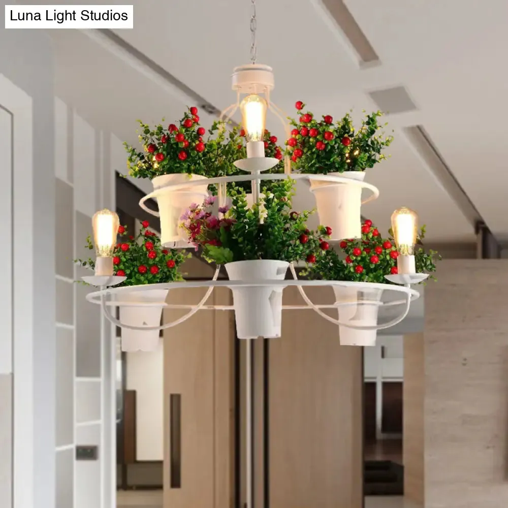 Industrial Black/White Metal LED Plant Pendant Light - 6 Lights, 1/2 Tiers. Perfect for Restaurants.