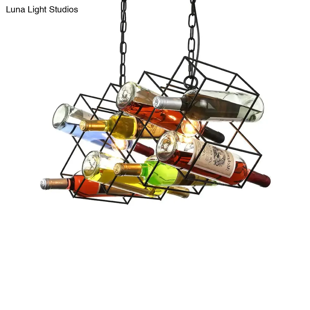 Industrial Cage Pendant Lamp with Exposed Bulb - Metal Black Chandelier Fixture (3 Light) incl. Wine Bottle Design