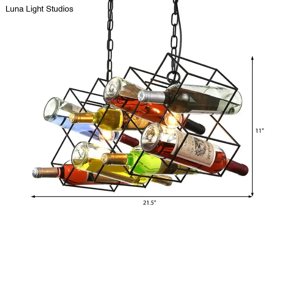 Industrial Cage Pendant Lamp with Exposed Bulb - Metal Black Chandelier Fixture (3 Light) incl. Wine Bottle Design