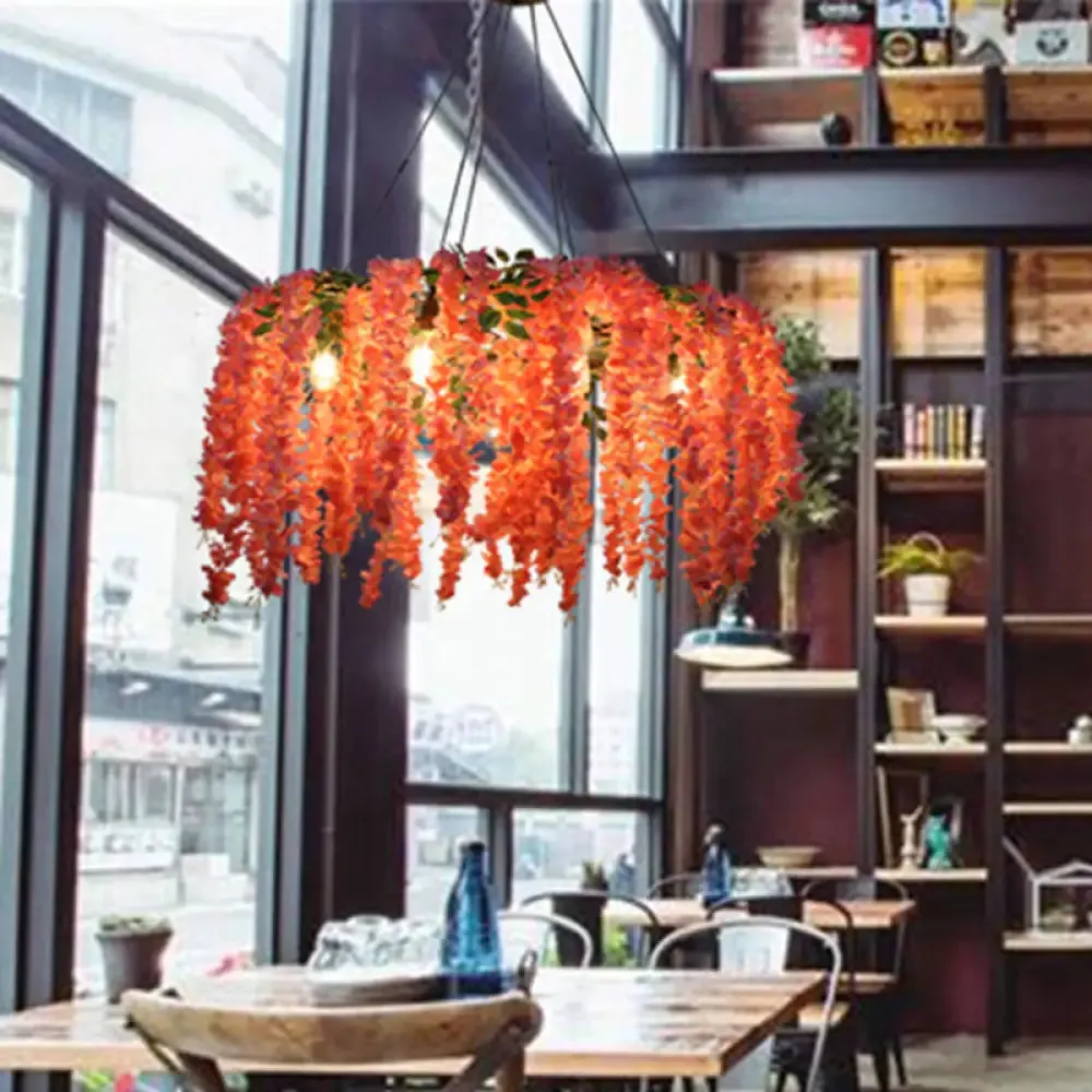 Industrial Metal Floral Chandelier with 6 Pink LED Bulbs for Restaurant Lighting