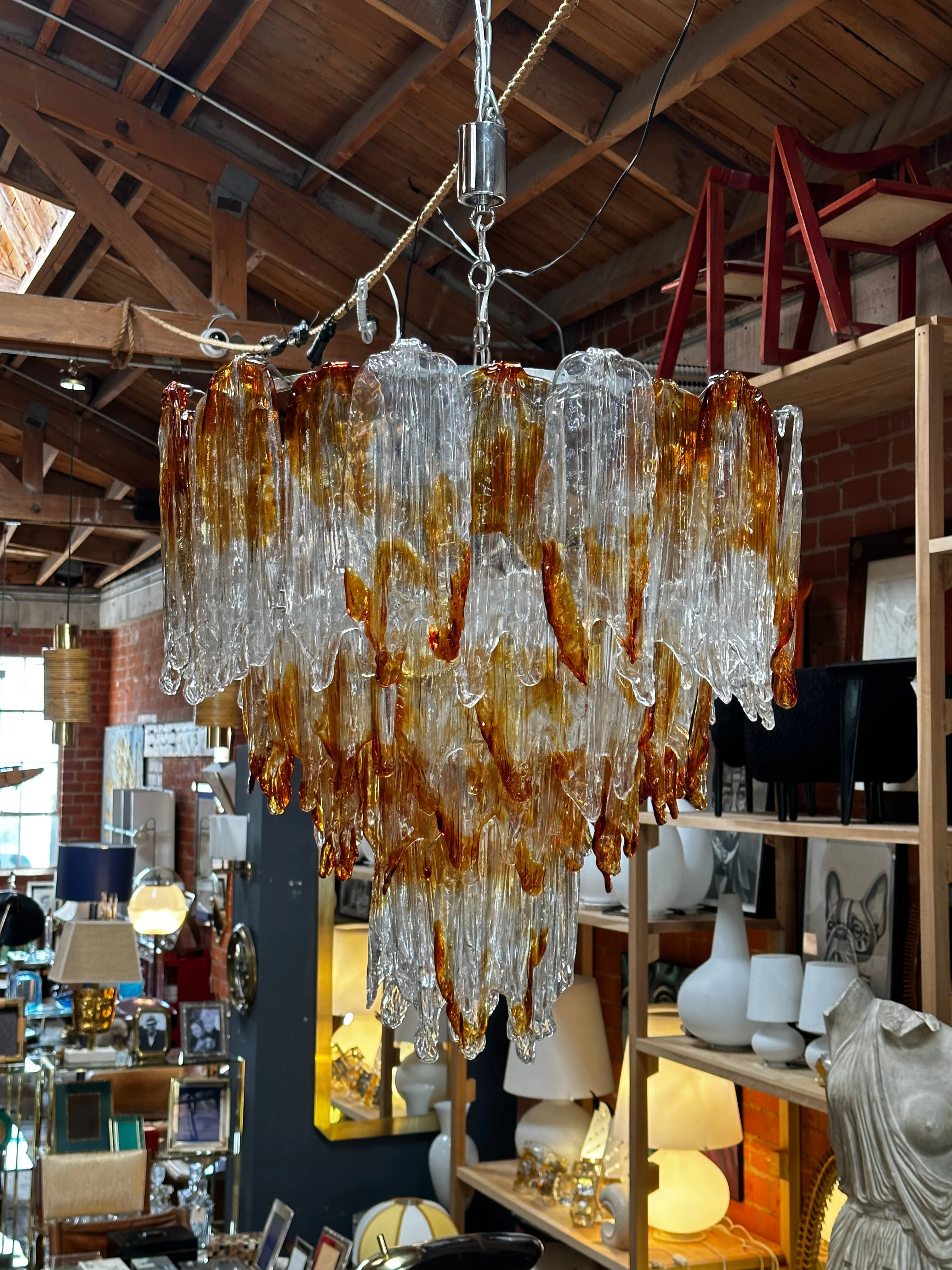 Italian Mazzega Murano Chandelier in Amber and Clear Glass 1960s