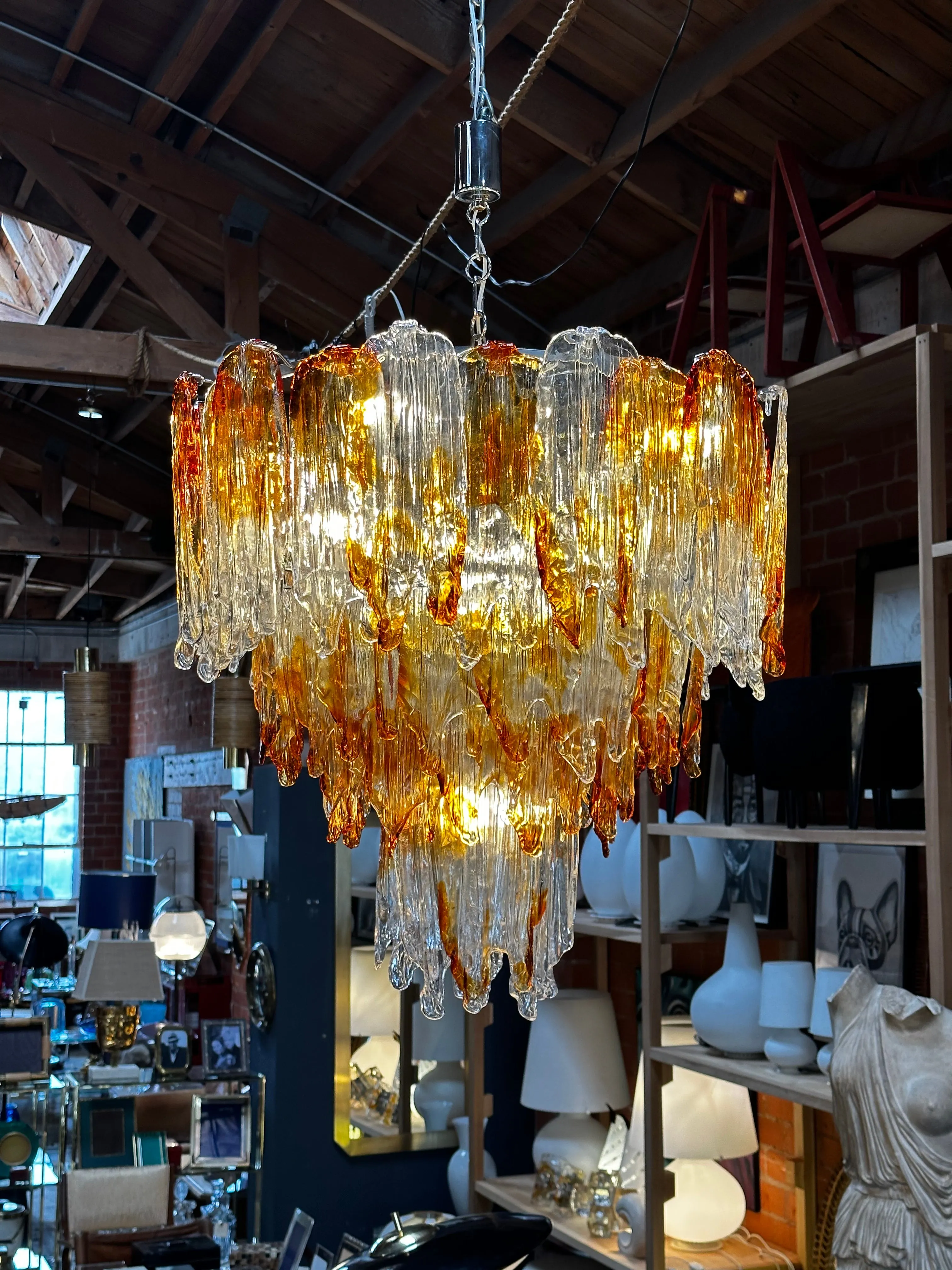 Italian Mazzega Murano Chandelier in Amber and Clear Glass 1960s