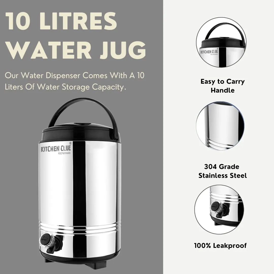 KITCHEN CLUE PU Insulated Water Dispenser for Office, Home Kitchen, 10 Liter I Hot and Cold Upto 4-5 Hours I Easy to Carry Plastic Handle I Hot Tea Flask/Jug for Winter Season I BPA Free (Silver)