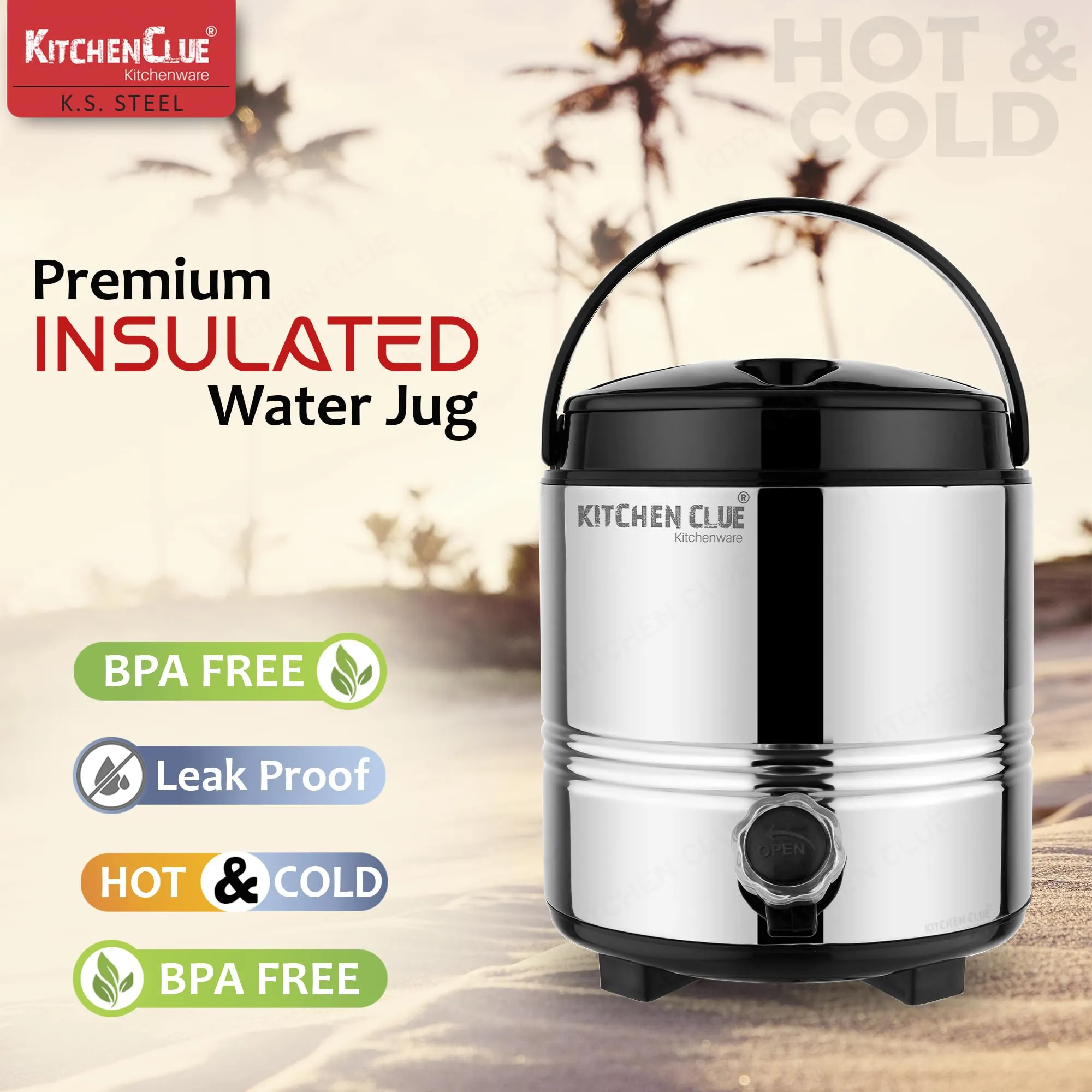 Kitchen Clue Stainless Steel Travel Water/Tea Container 5 Liter, Silver I PUF Insulated Thermosteel HOT & Cold Water Jug with Airtight & Spill-Proof Lid I It Keeps Beverages Hot & Cold for Long Hours