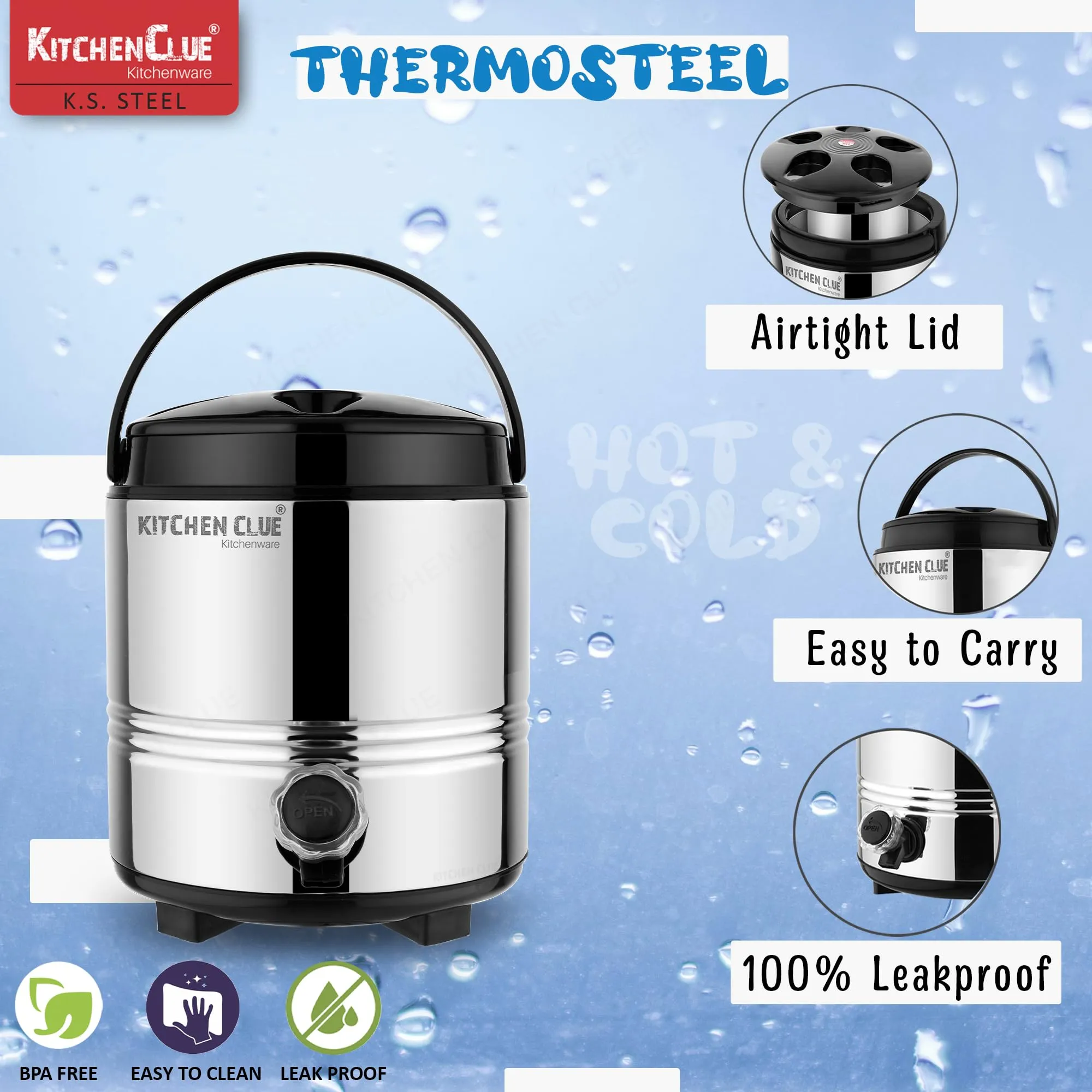 Kitchen Clue Stainless Steel Travel Water/Tea Container 5 Liter, Silver I PUF Insulated Thermosteel HOT & Cold Water Jug with Airtight & Spill-Proof Lid I It Keeps Beverages Hot & Cold for Long Hours