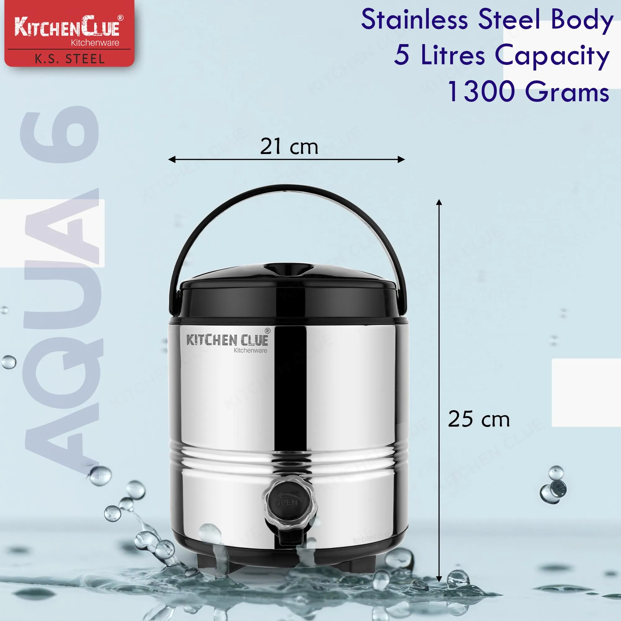 Kitchen Clue Stainless Steel Travel Water/Tea Container 5 Liter, Silver I PUF Insulated Thermosteel HOT & Cold Water Jug with Airtight & Spill-Proof Lid I It Keeps Beverages Hot & Cold for Long Hours