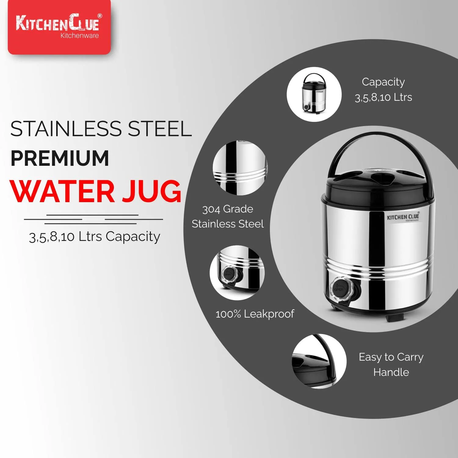 KITCHEN CLUE Stainless Steel Water Jug 5 Liters, Silver - Hot and Cold Upto 4-5 hours - Double Walled PUF Insulated Water Dispenser For Office Kitchen - Hot Tea Flask/Tea pot With Leak proof tap