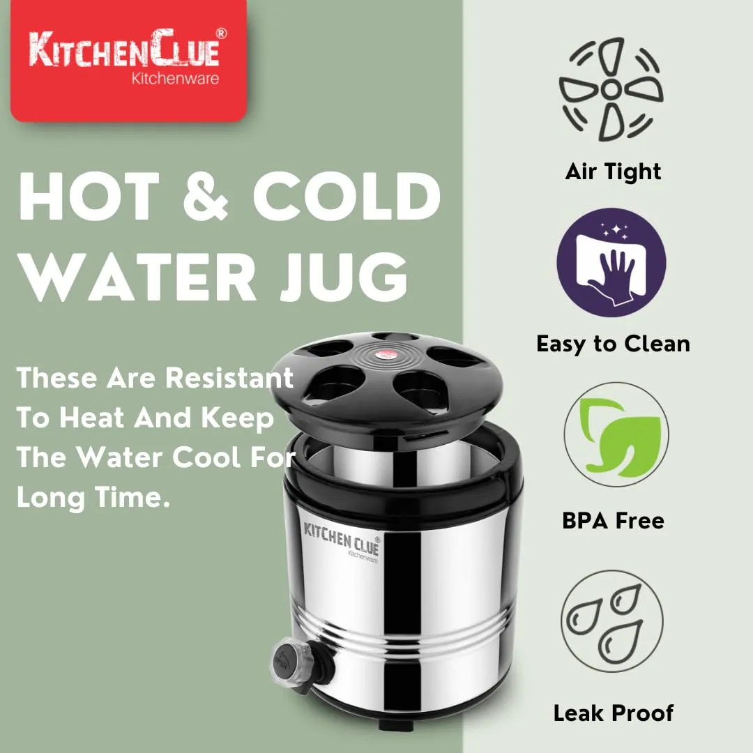 KITCHEN CLUE Stainless Steel Water Jug 5 Liters, Silver - Hot and Cold Upto 4-5 hours - Double Walled PUF Insulated Water Dispenser For Office Kitchen - Hot Tea Flask/Tea pot With Leak proof tap