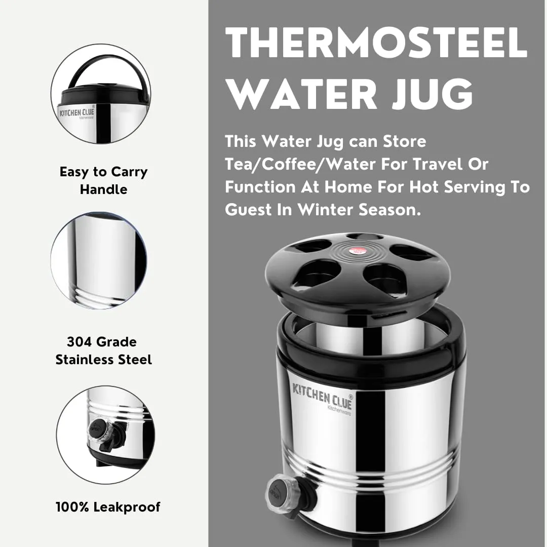 KITCHEN CLUE Stainless Steel Water Jug 5 Liters, Silver - Hot and Cold Upto 4-5 hours - Double Walled PUF Insulated Water Dispenser For Office Kitchen - Hot Tea Flask/Tea pot With Leak proof tap