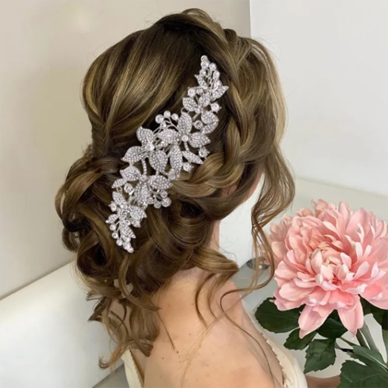 Luxury Long Swirl Rhinestone Floral Bridal Hair Comb for Bride or Quinceanera