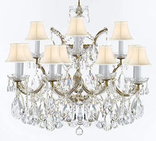 Maria Theresa Chandelier Crystal Lighting Chandeliers Lights Fixture Pendant Ceiling Lamp for Dining room, Entryway , Living room with Large, Luxe, Diamond Cut Crystals! H22" X W28" w/ White Shades - A83-WHITESHADES/B89/21532/12 1DC