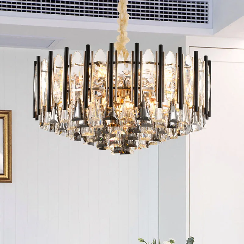 Modern Clear Crystal Chandelier with 12 Tapered Heads and Triangular Drops - Black Tubes