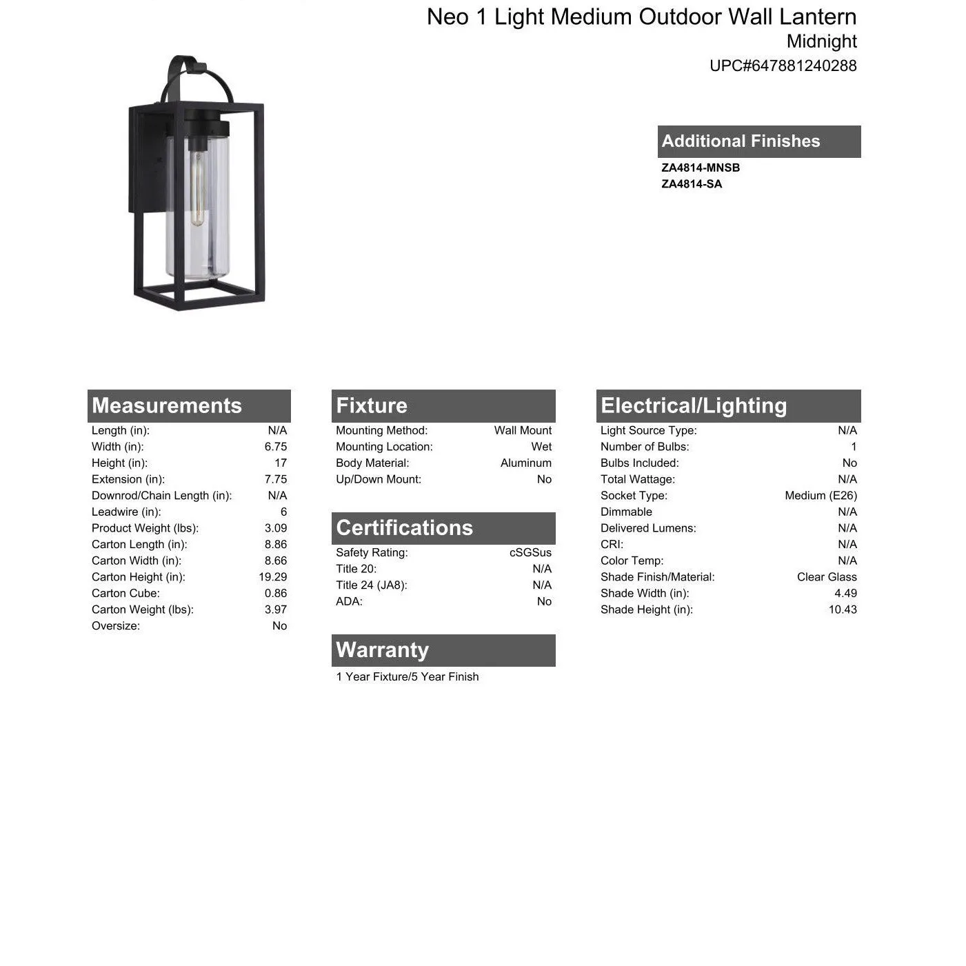 Neo 1 Light Medium Outdoor Wall Lantern in Midnight