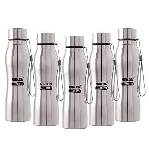 NIRLON Stainless Steel 5 Pcs Fridge Water Bottle/Refrigerator Bottle/Single Wall Bottle 1000 ML