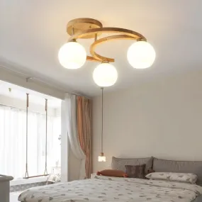 Nordic Wooden Semi Flush Bedroom Ceiling Lamp with Milk Glass Shade