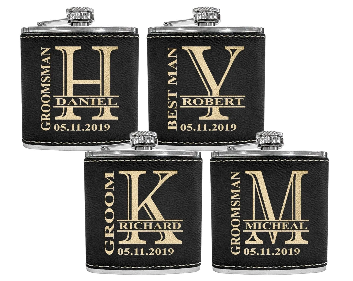 Personalized Engraved Flask for Women Men Custom Leather Wedding Monogram Groomsmen Bridesmaid Gift Father of Bride Grooms Stainless Flasks