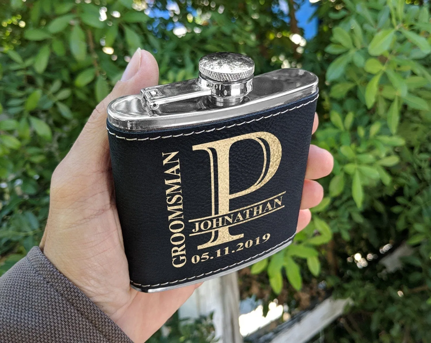 Personalized Engraved Flask for Women Men Custom Leather Wedding Monogram Groomsmen Bridesmaid Gift Father of Bride Grooms Stainless Flasks