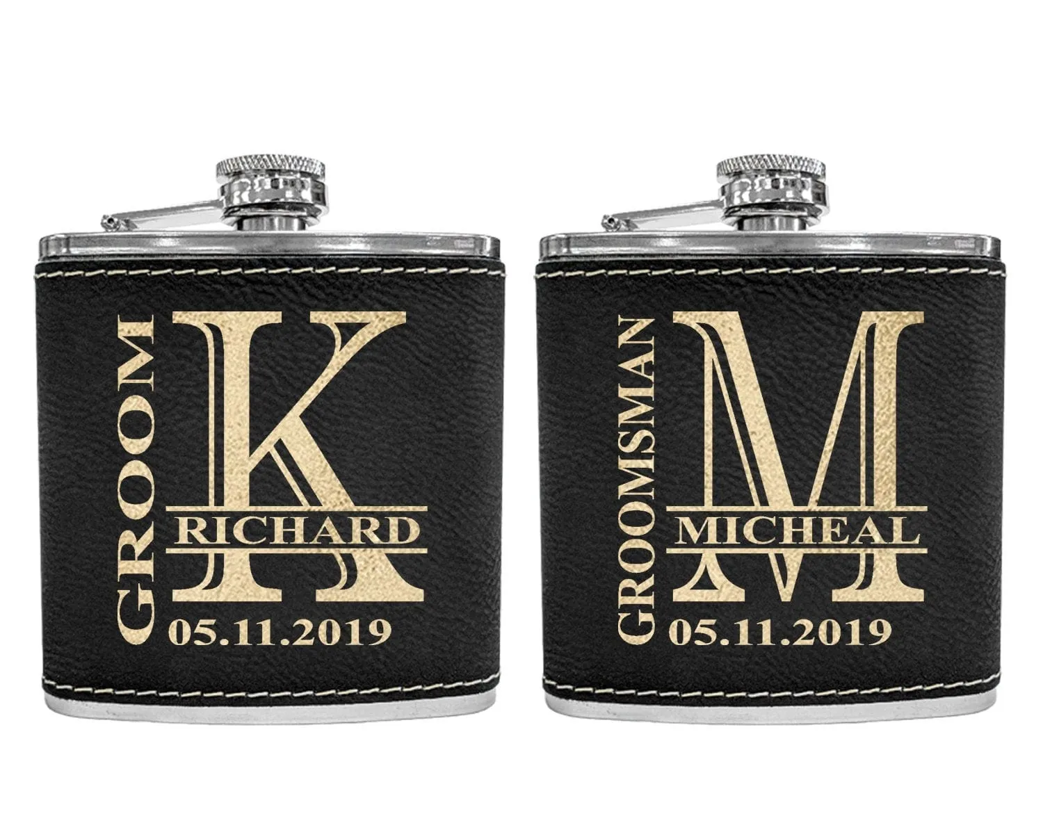 Personalized Engraved Flask for Women Men Custom Leather Wedding Monogram Groomsmen Bridesmaid Gift Father of Bride Grooms Stainless Flasks