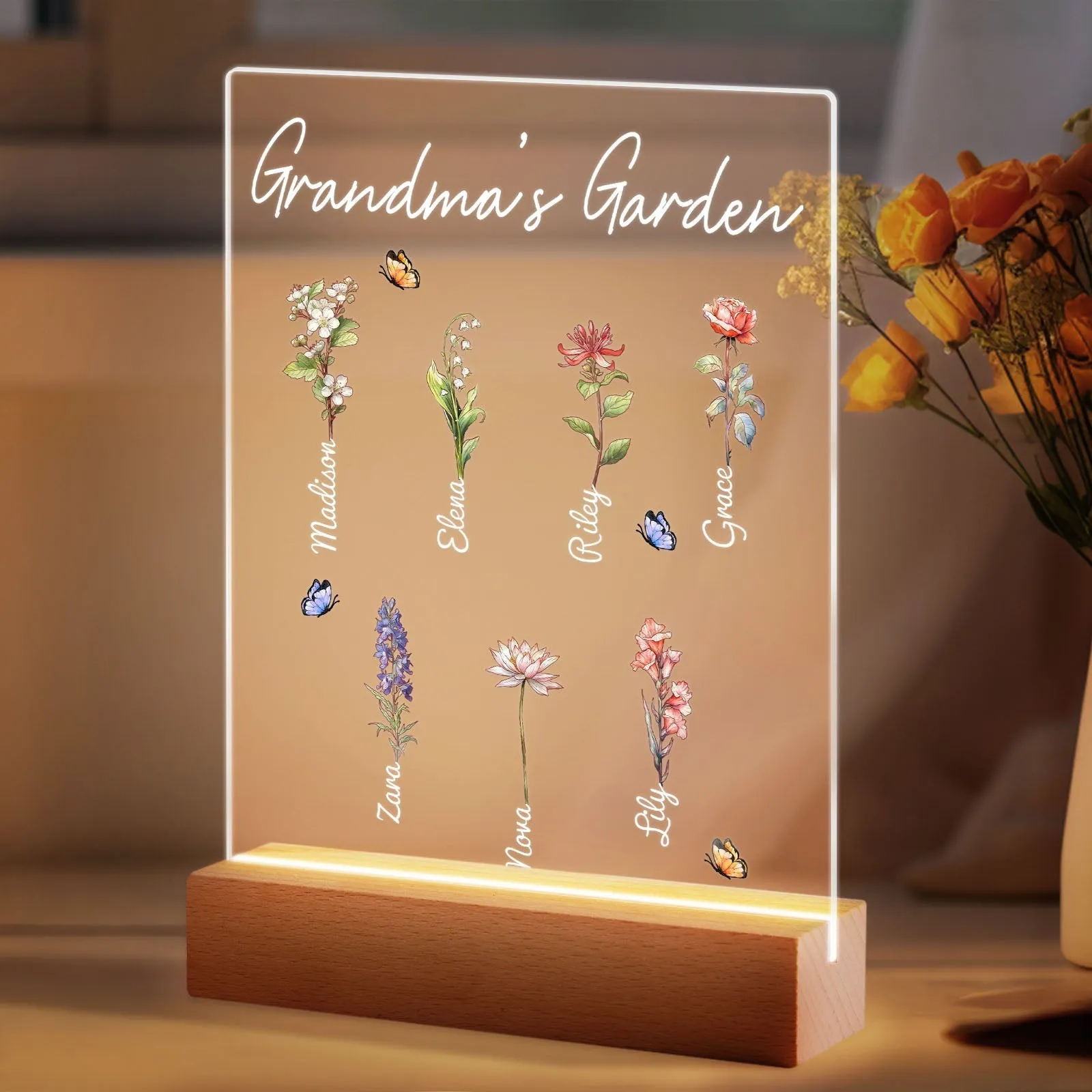 Personalized Grandma's Garden Night Light Birth Month Flower Gift for Her