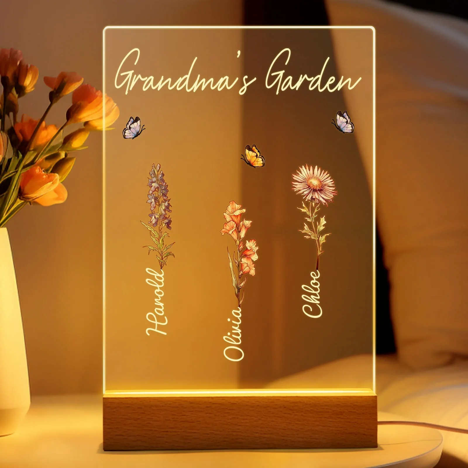 Personalized Grandma's Garden Night Light Birth Month Flower Gift for Her