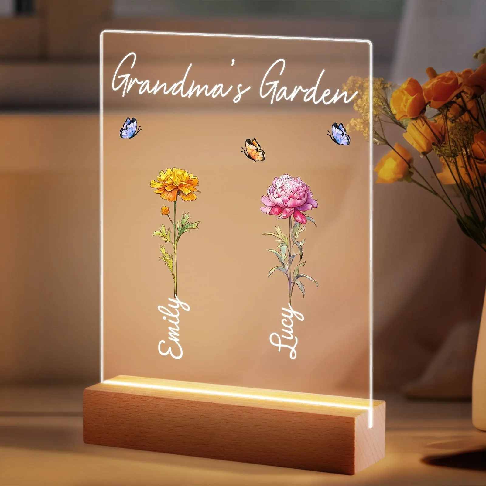 Personalized Grandma's Garden Night Light Birth Month Flower Gift for Her