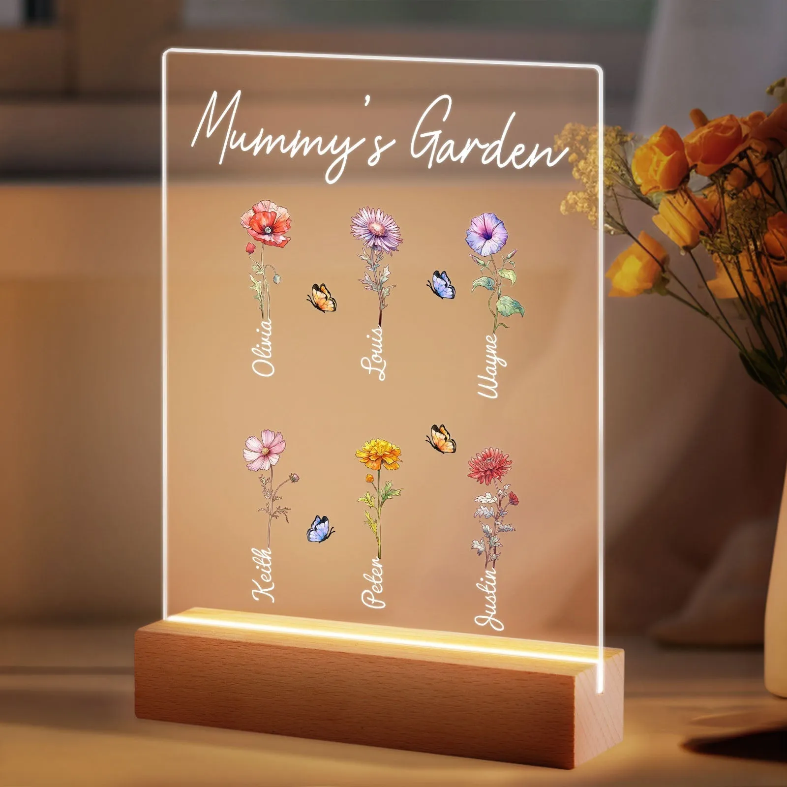 Personalized Grandma's Garden Night Light Birth Month Flower Gift for Her