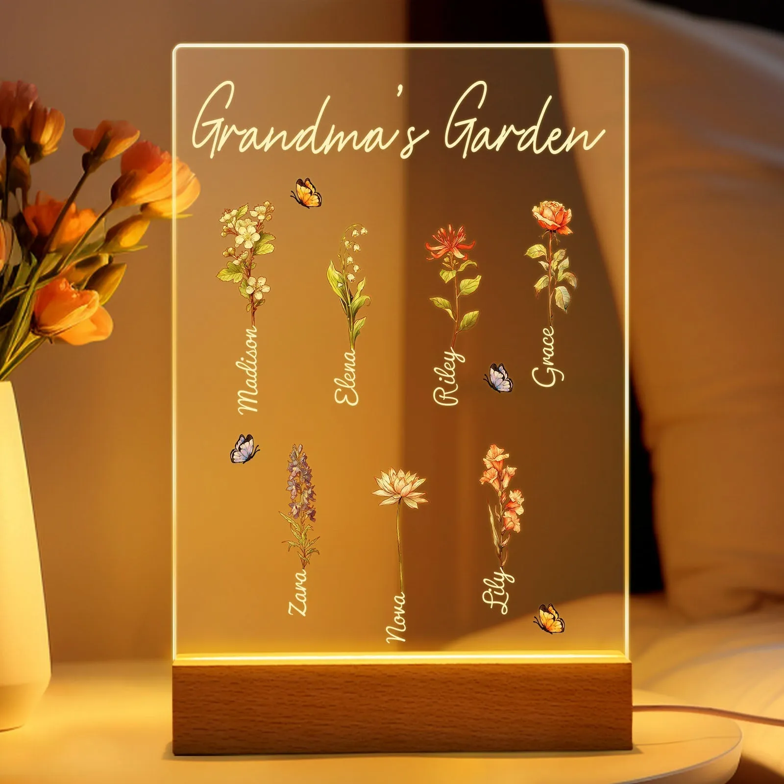 Personalized Grandma's Garden Night Light Birth Month Flower Gift for Her