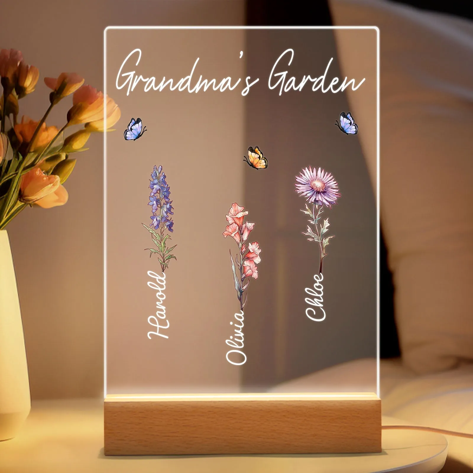 Personalized Grandma's Garden Night Light Birth Month Flower Gift for Her