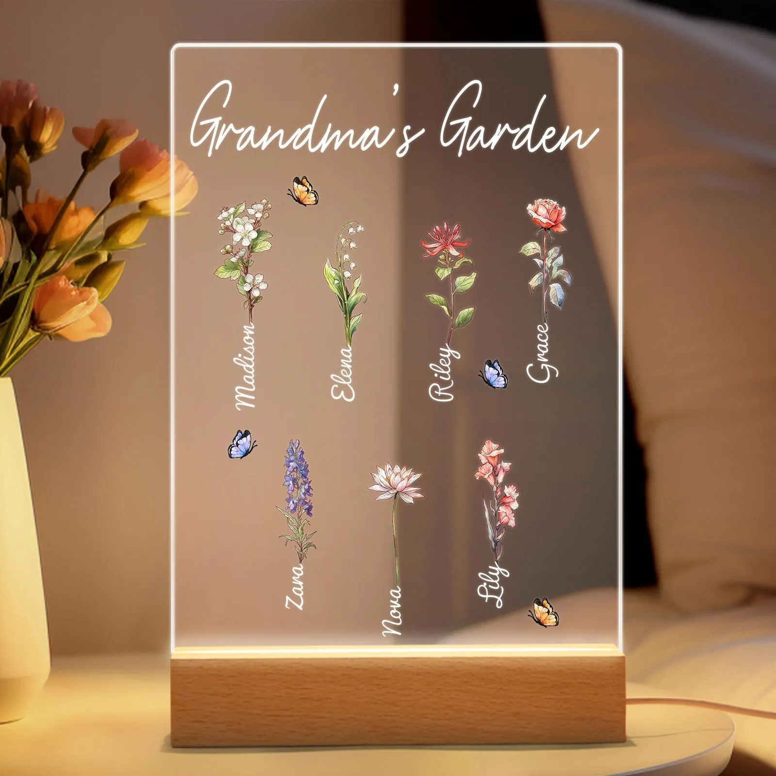 Personalized Grandma's Garden Night Light Birth Month Flower Gift for Her