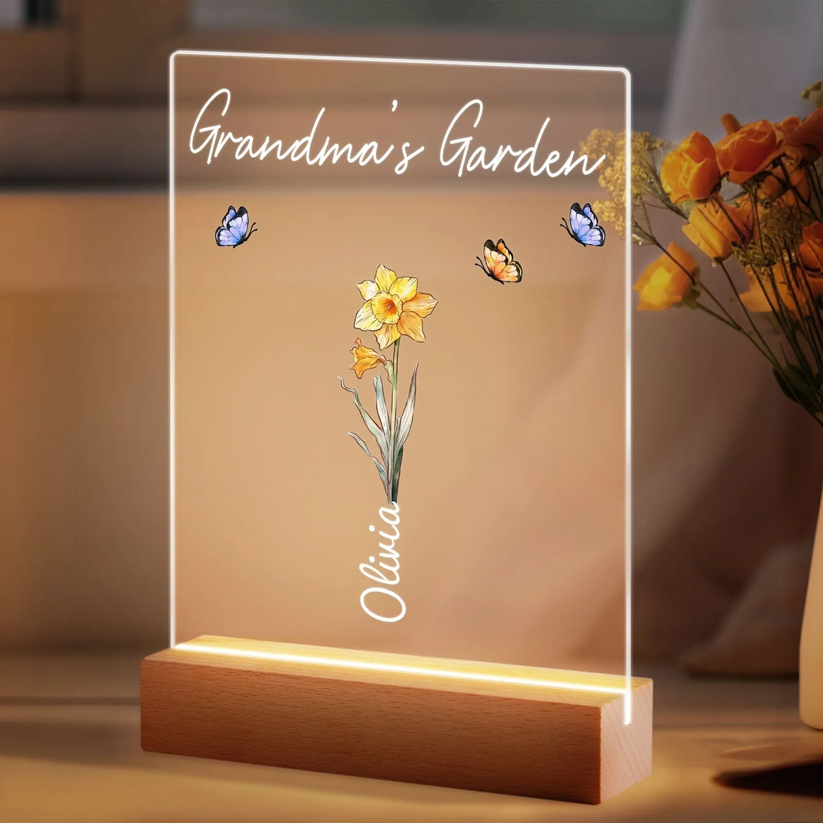 Personalized Grandma's Garden Night Light Birth Month Flower Gift for Her